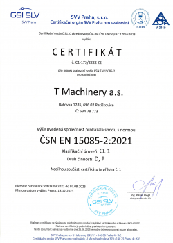 Certifikát ČSN EN 15085-2 T Machinery | Certifikáty