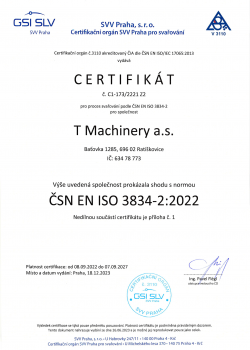 Certifikát ČSN EN ISO 3834-2 T Machinery | Certifikáty